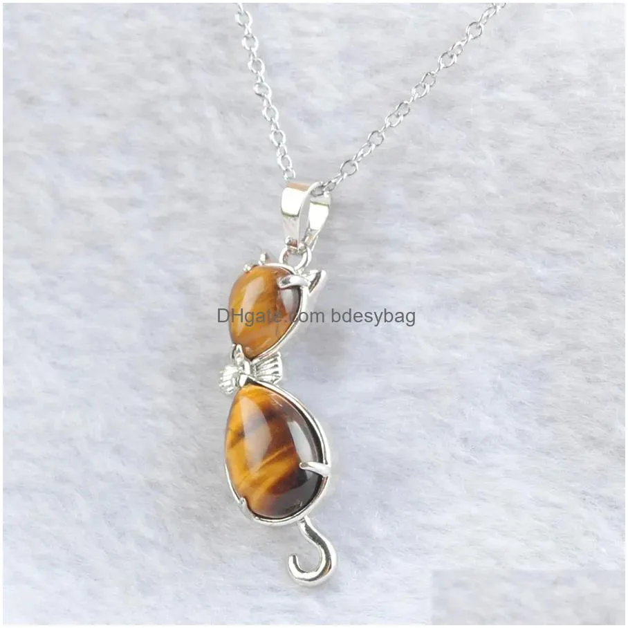 natural gemstones cat animal pendants teardrop healing amethyst crystal for women girls necklaces chain 45cm bn510