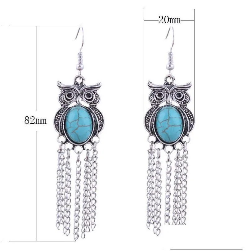womens owl tassel tibetan silver turquoise charm earrings gstqe039 fashion gift national style women diy earring