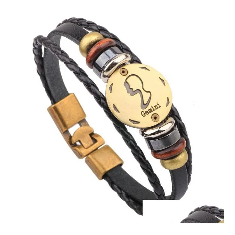 new 12 constellations leather woven bracelet alloy pull buckle bracelet gsfb029 mix order 20 pieces beaded strands