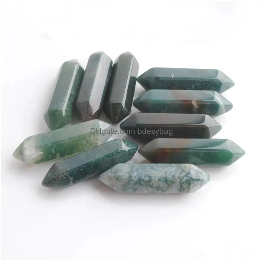 wholesale loose gemstones hexagonal healing pointed reiki chakra natural aquatic agate stone 30x8mm no drilling hole pendant beads