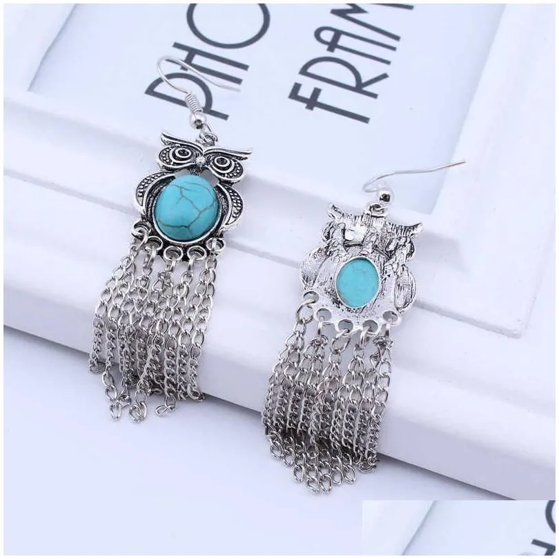 womens owl tassel tibetan silver turquoise charm earrings gstqe039 fashion gift national style women diy earring