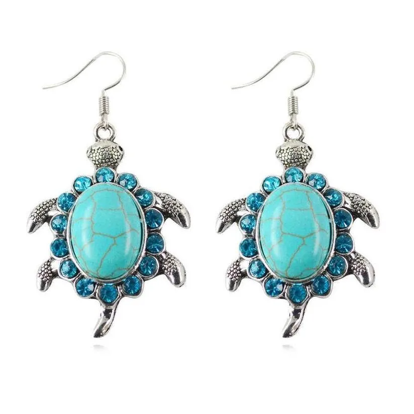 Charm Womens Cute Turtle Tibetan Sier Turquoise Earrings Gstqe092