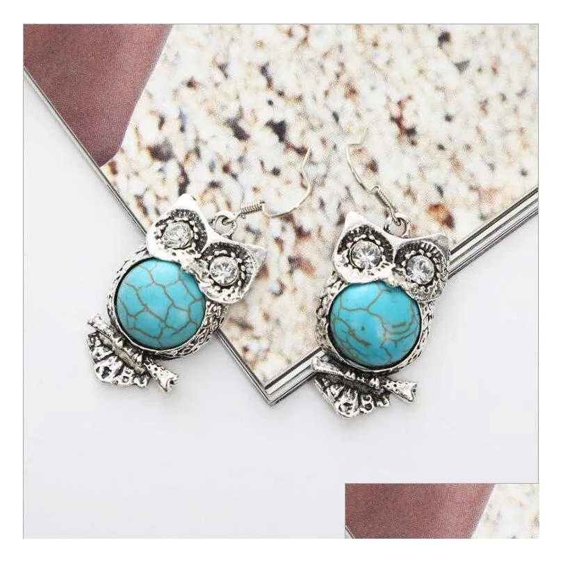 womens owl tibetan silver turquoise dangle chandelier earrings gstqe012 fashion gift national style women diy earring