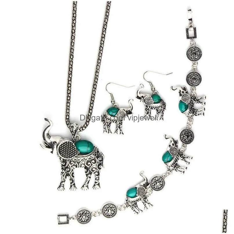 womens elephant tibetan silver turquoise bracelet earrings necklace set gstqs007 fashion gift national style women diy jewelry sets