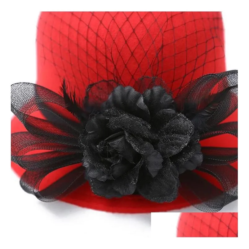 autumn and winter noble gauze feather big flower top hat ladies imitation woolen bowl hat gslm045 fashion accessories cap cloches