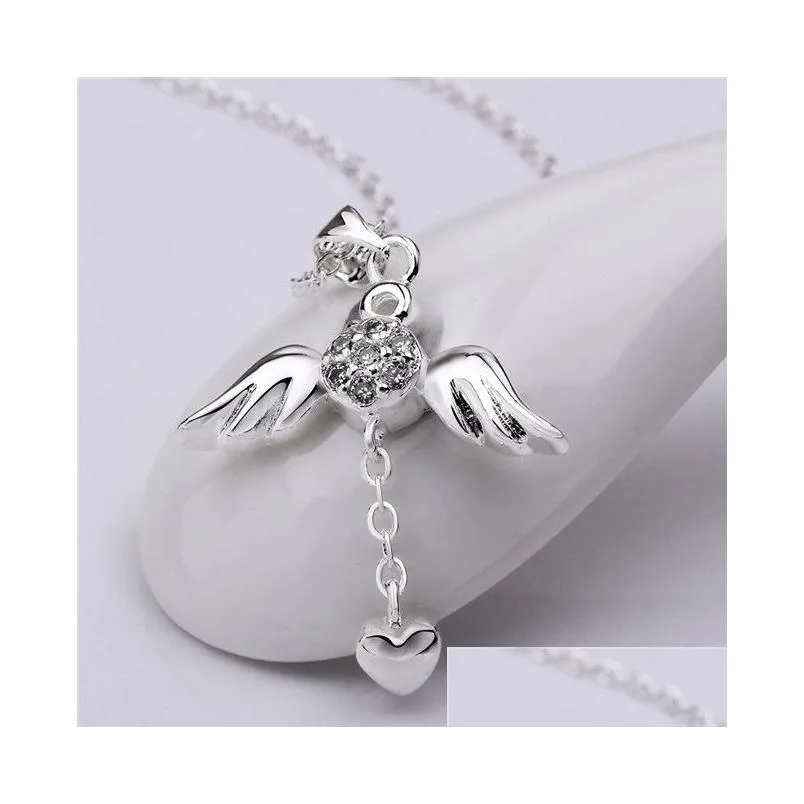 womens sterling silver plated angle wings with zircon pendant necklaces gssn674 fashion lovely 925 silver plate jewelry necklace