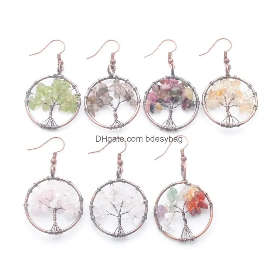 natural chips stone dangle chandelier tree of life retro wire wrap ancient copper round crystal hook drop earring for women gift jewelry