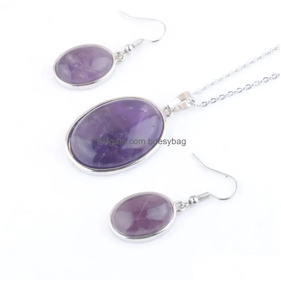 dangle pendant earrings fashion jewelry set for women natural rose quartzs opal stone oval bead chain necklace 45cm bq314