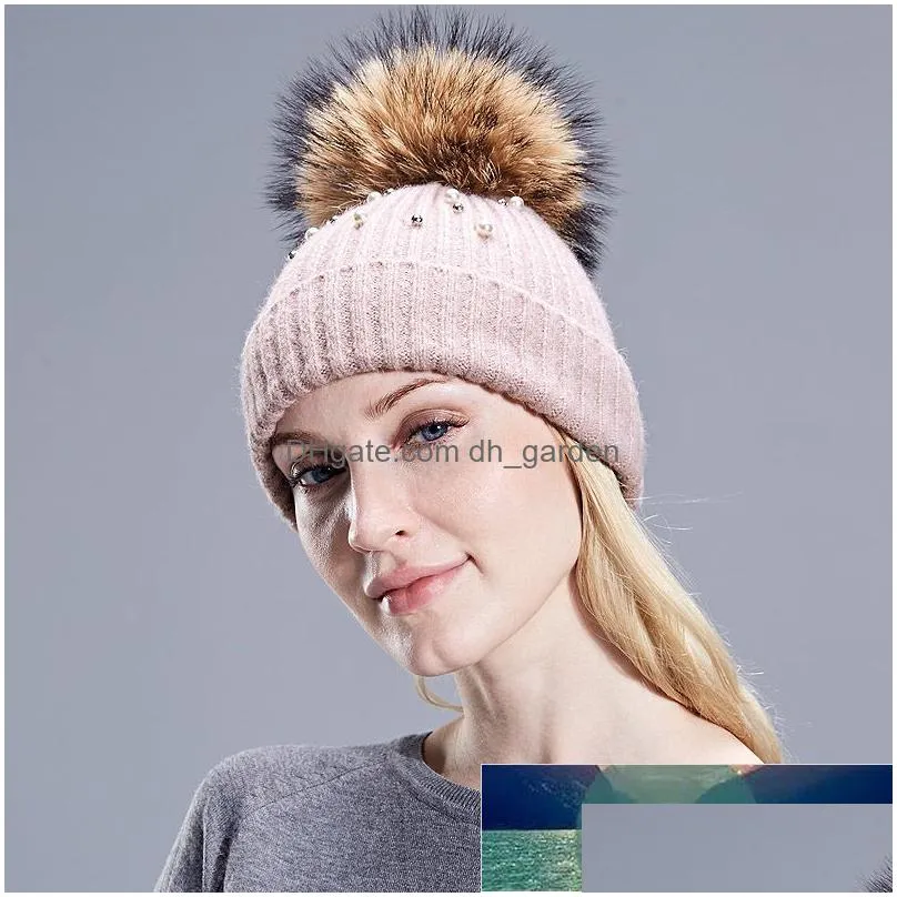 new wool beanies women real natural fur pom poms fashion pearl knitted hat girls female beanie cap pompom winter hats for women factory price expert design