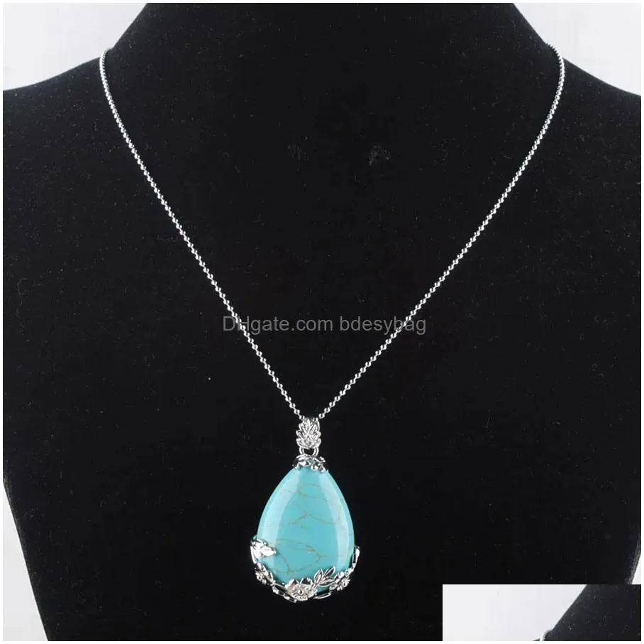 natural gem stone pendant teardrop turquoise love beads reiki chakra healing pendant necklace chain jewelry n3463