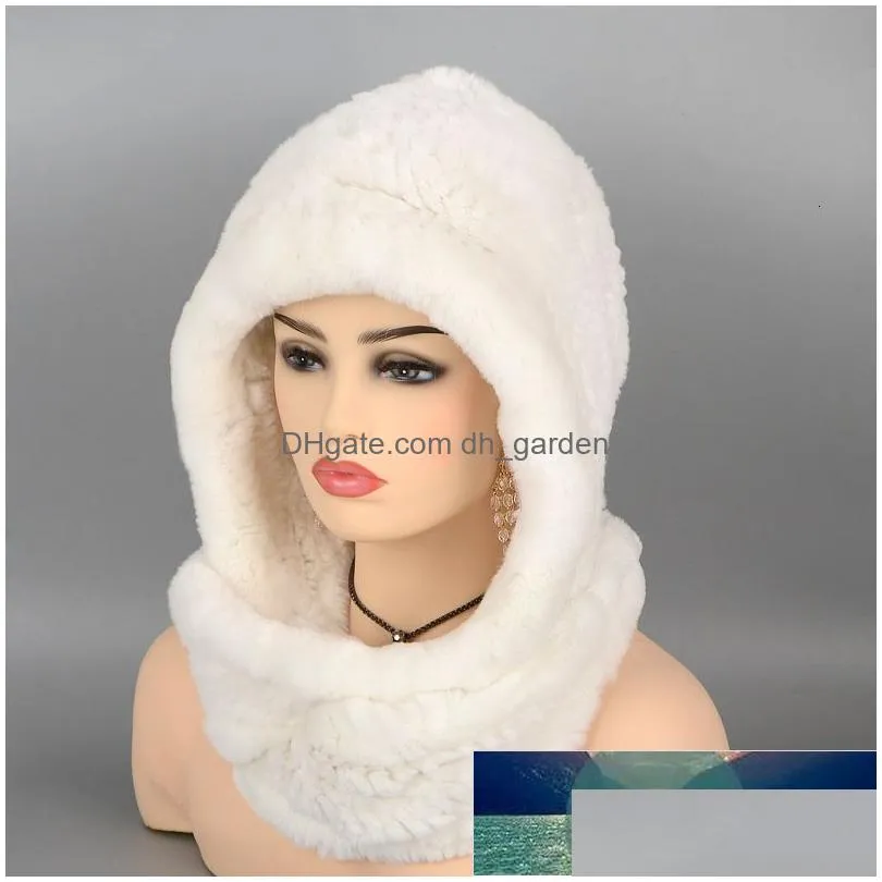 women knitted real rex fur hat hooded scarf winter hats for woman cap warm natural fur hat with neck scarves factory price expert design quality latest style