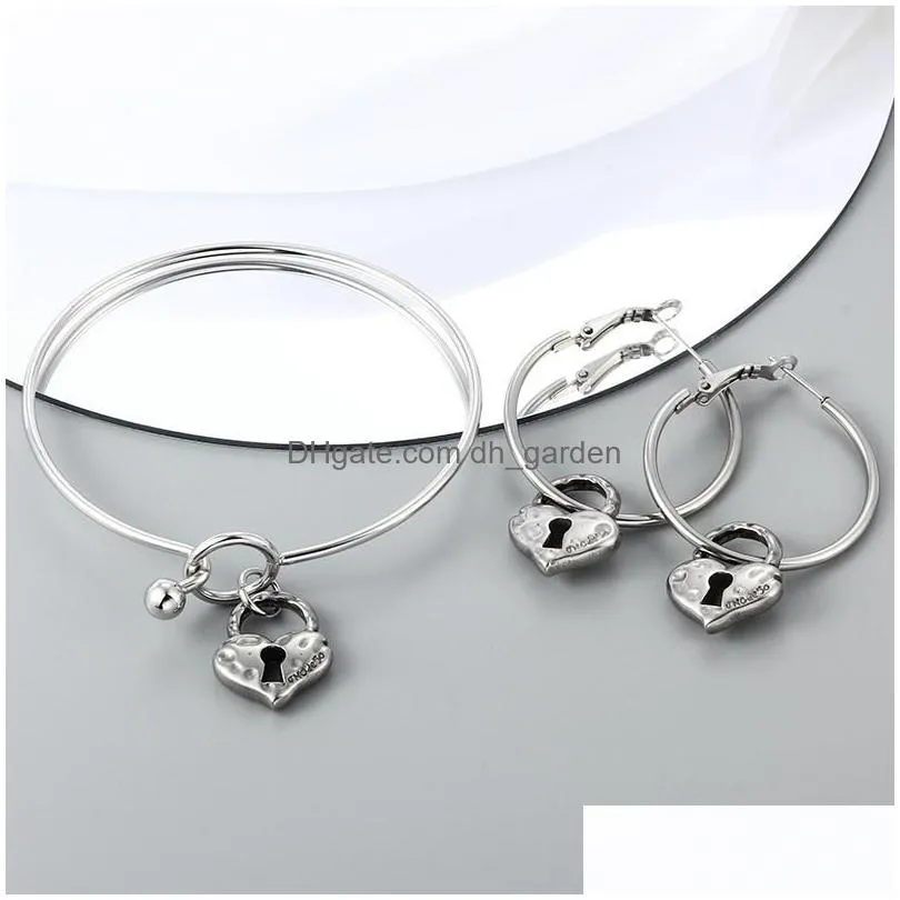 earrings necklace fashion silver color gold stainless steel women men heart 50 lock key opal eye bead chain bracelet sets