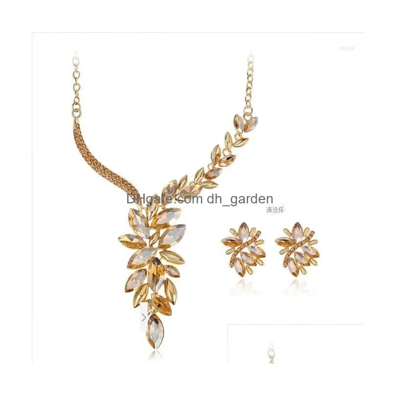 necklace earrings set leaves blue crystal for women wedding party jewelry accessories stud gift