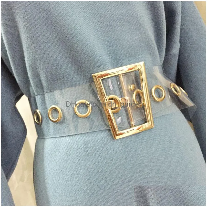 fashion women transparent wide waist belt female designer trapezoid gold metal buckle dress laser clear pvc belt factory price expert design quality latest