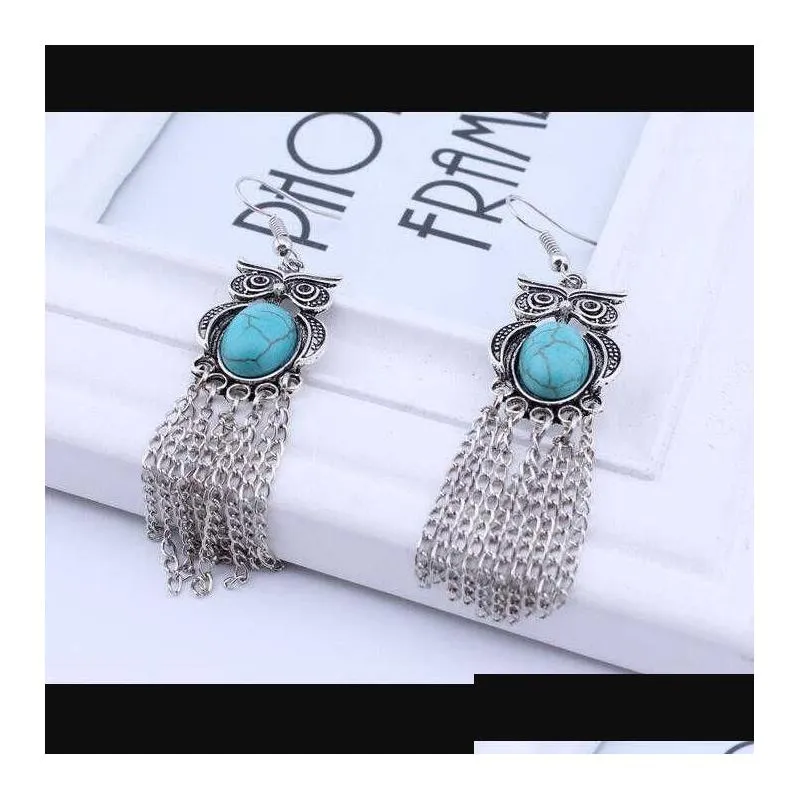 womens owl tassel tibetan silver turquoise charm earrings gstqe039 fashion gift national style women diy earring