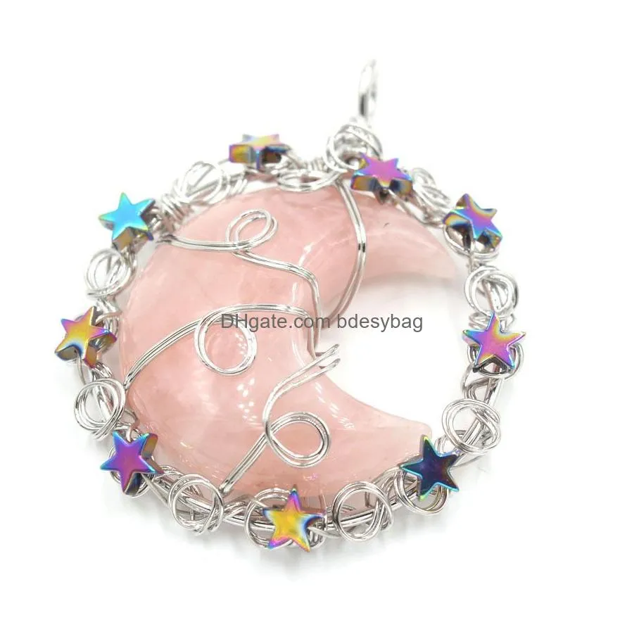 yowost pendant handmade natural healing amethysts rose quartz stone stars and moon circle the sky gem pendant fashion jewelry bh022