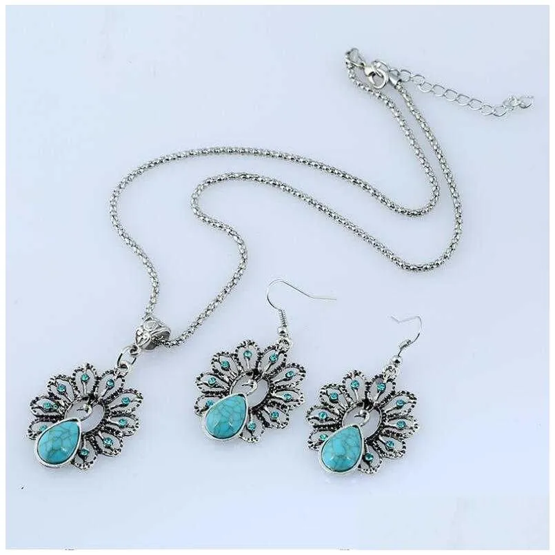 womens hollow peacock tibetan silver turquoise earrings necklace set gstqs028 fashion gift national style women diy jewelry sets