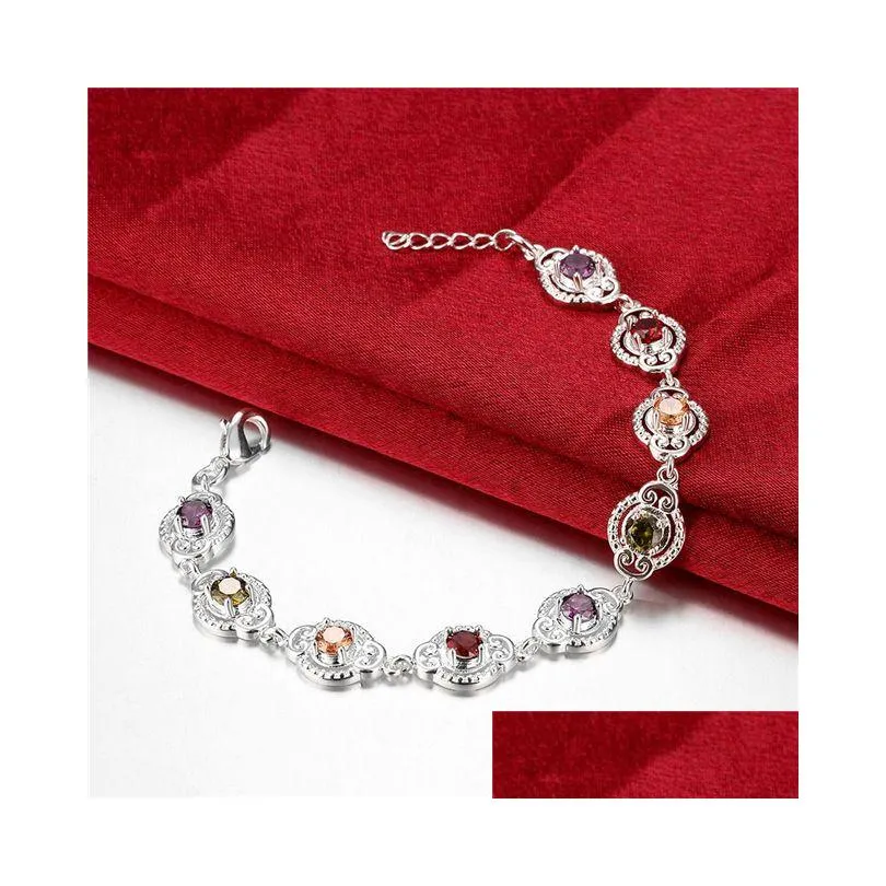 womens sterling silver plated drop color gemstone charm bracelet gssb427 fashion 925 silver plate jewelry bracelets