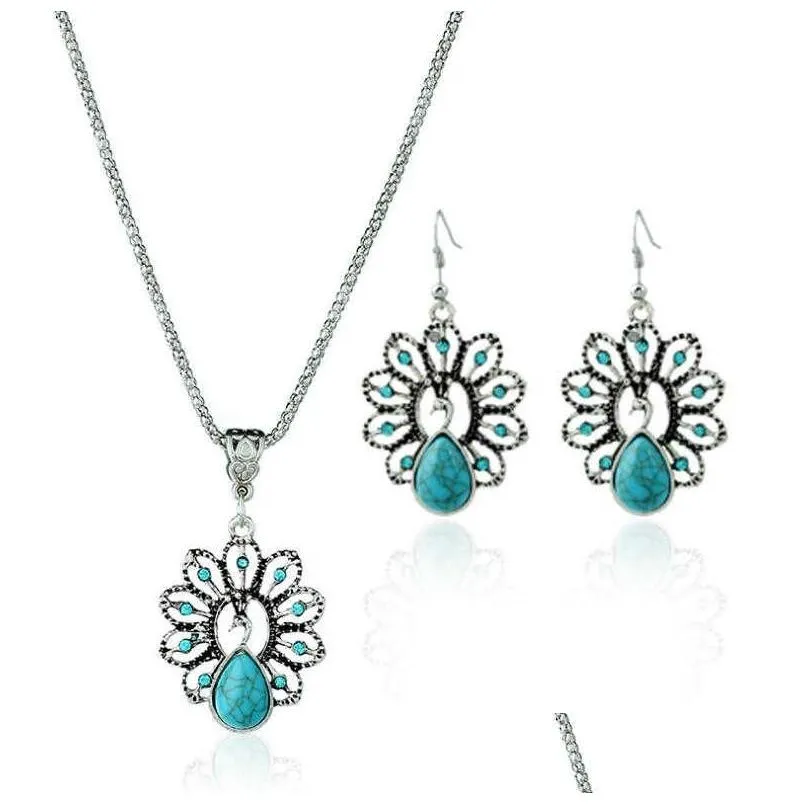 womens hollow peacock tibetan silver turquoise earrings necklace set gstqs028 fashion gift national style women diy jewelry sets
