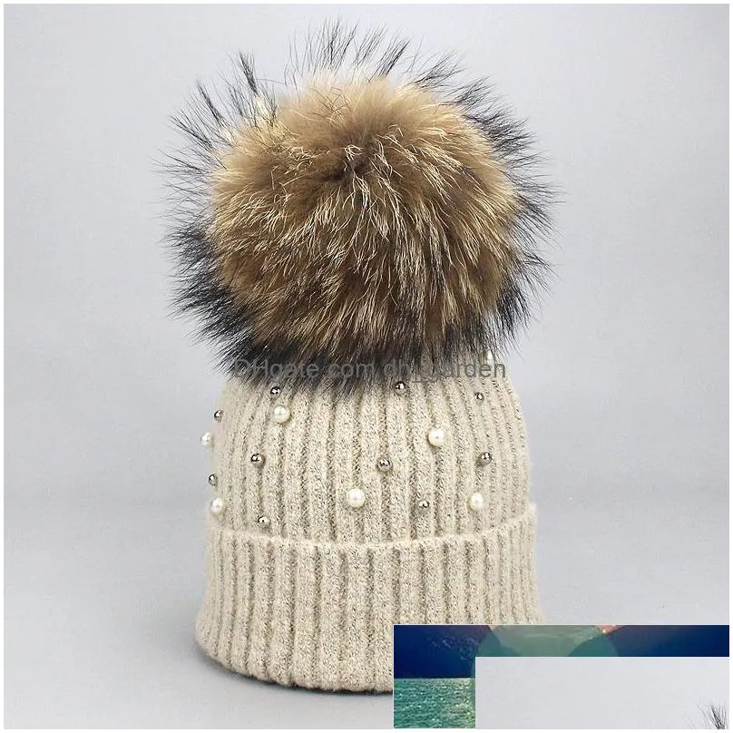 new wool beanies women real natural fur pom poms fashion pearl knitted hat girls female beanie cap pompom winter hats for women factory price expert design