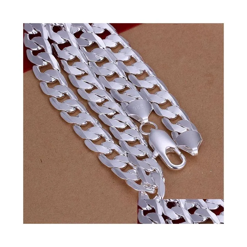 mens sterling silver plated 12m flat side chains necklace 20inchsx12mm gssn200 fashion lovely 925 silver plate jewelry necklaces