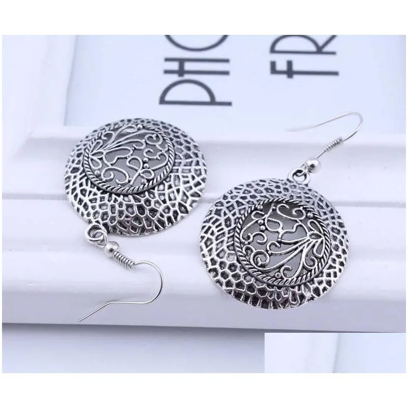 womens hollow round tibetan silver charm earrings gstqe027 fashion gift national style women diy earring