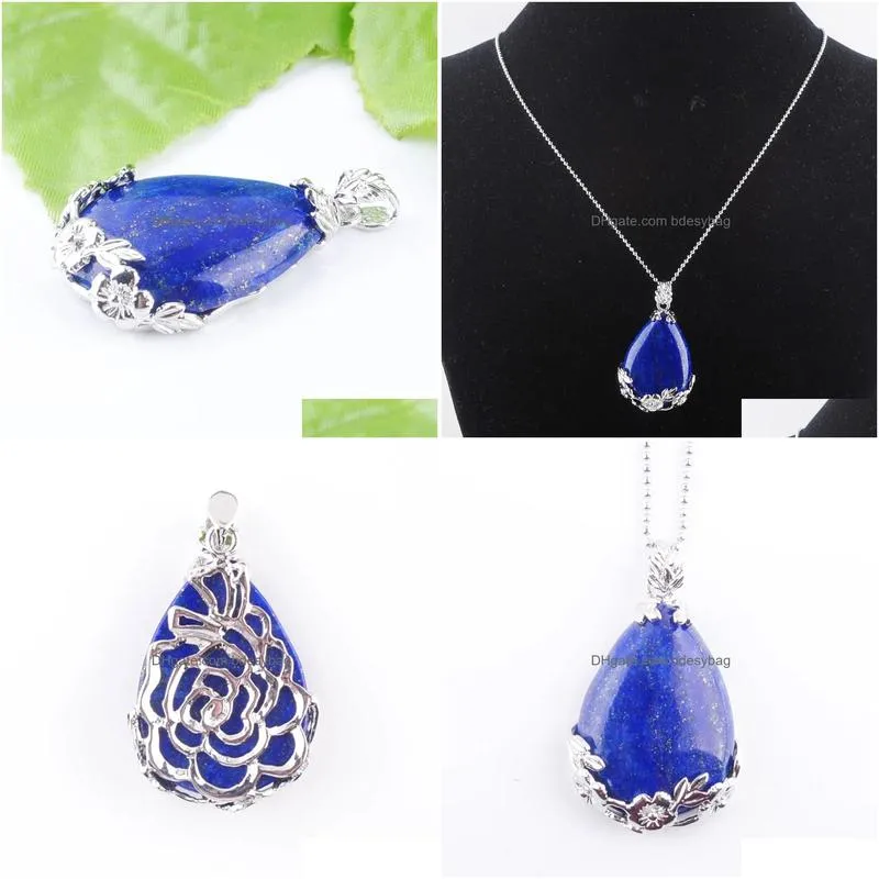 natural gem stone pendant teardrop lapis lazuli love beads reiki chakra healing pendant necklace chain jewelry n3473