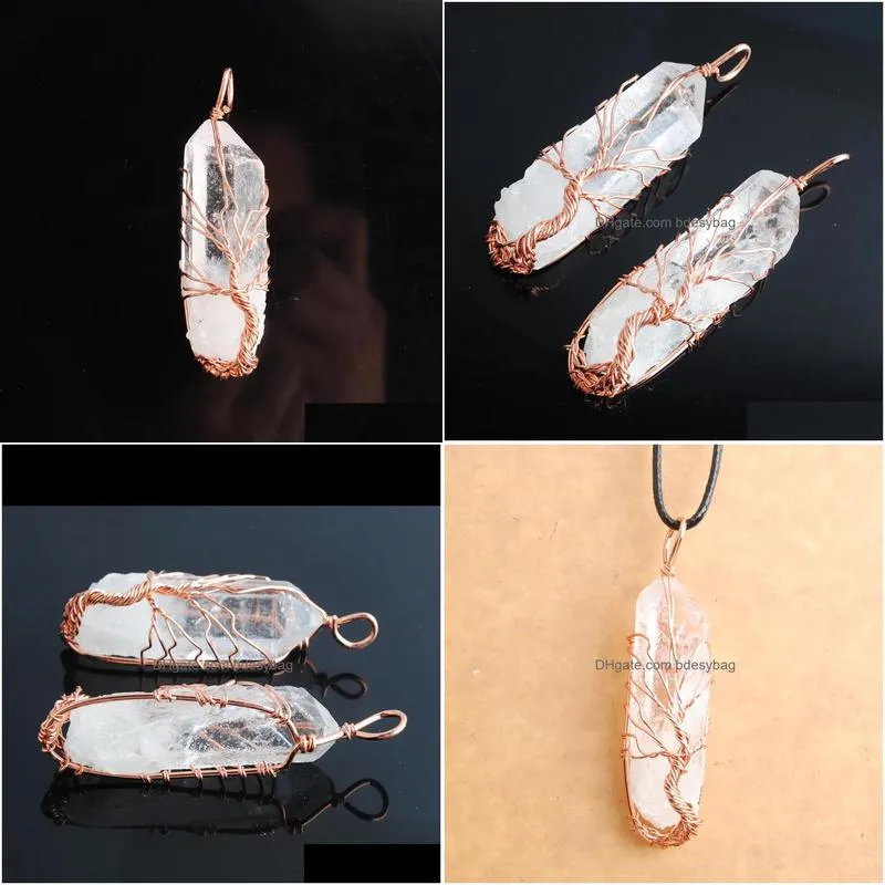 natural white crystal pillar pendants handmade white rose gold wire wrapped tree of life for necklace jewelry n3752