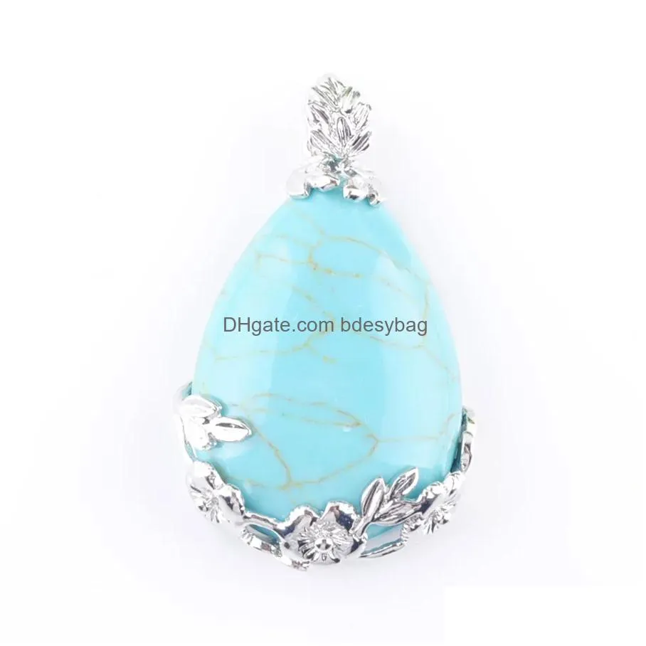 natural gem stone pendant teardrop turquoise love beads reiki chakra healing pendant necklace chain jewelry n3463