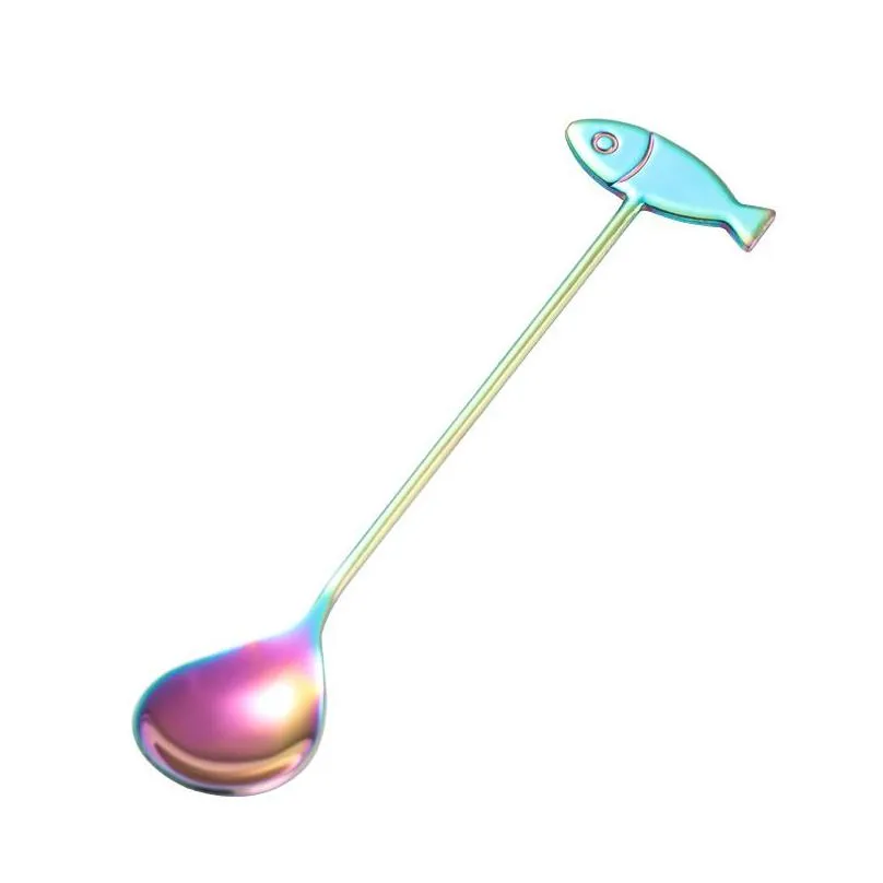 ice cream spoon 304 stainless steel coffee stirring scoop cute cat fish decor long handle scoops water drop shape creative new 3 1sh