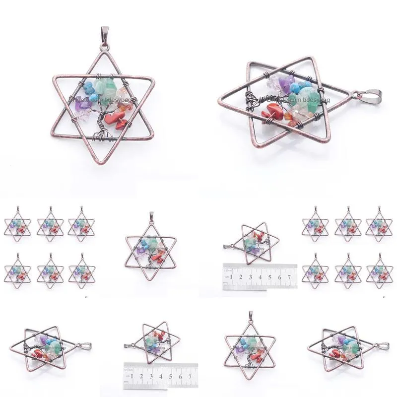 natural chips gem stone 7 chakra reiki tree of life pendants women man jewelry five pointed star metal copper n3810