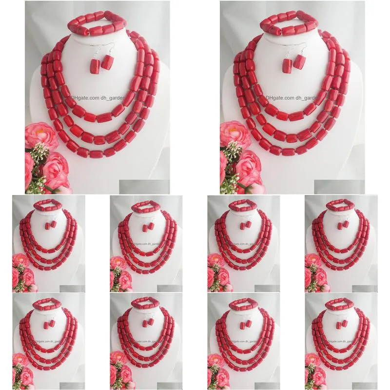 necklace earrings set amazing red coral beads wedding african nigerian artificial sets
