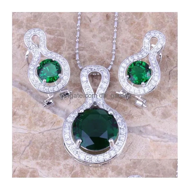 necklace earrings set perfect green cubic zirconia white cz silver plated pendant s0794