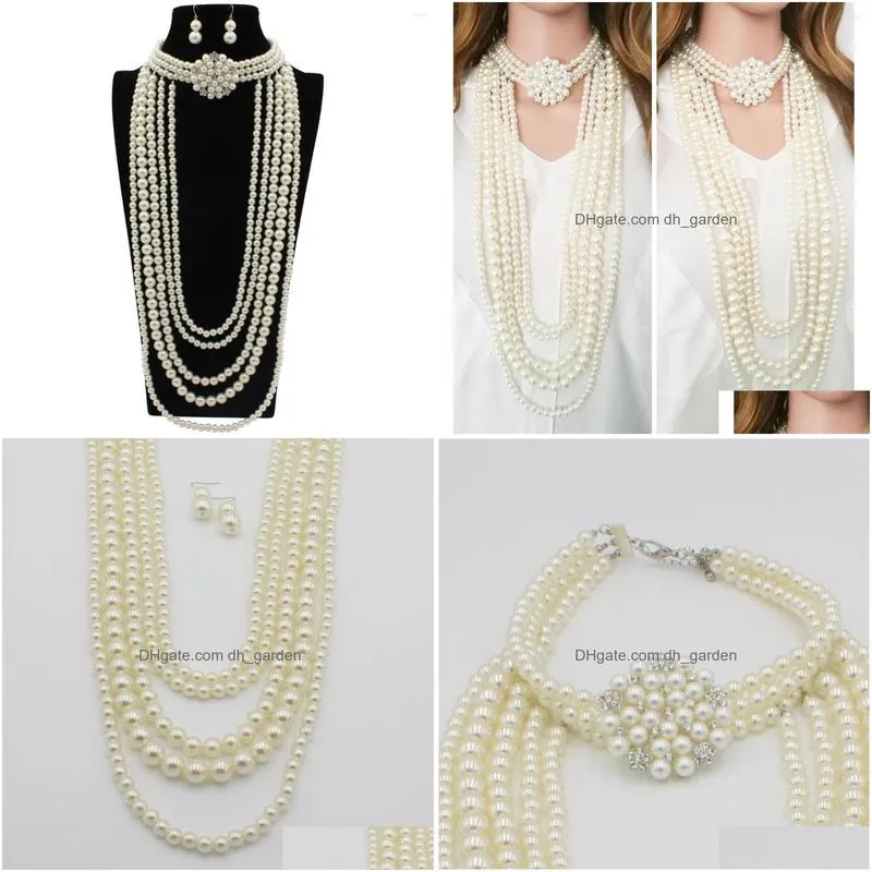 necklace earrings set trendy beads pearl flower layers sweater chain jewelry for woman party personality costume accessories