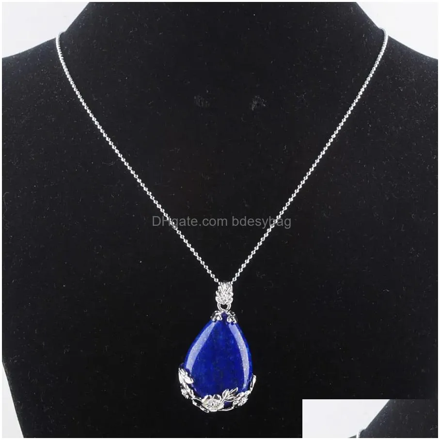 natural gem stone pendant teardrop lapis lazuli love beads reiki chakra healing pendant necklace chain jewelry n3473