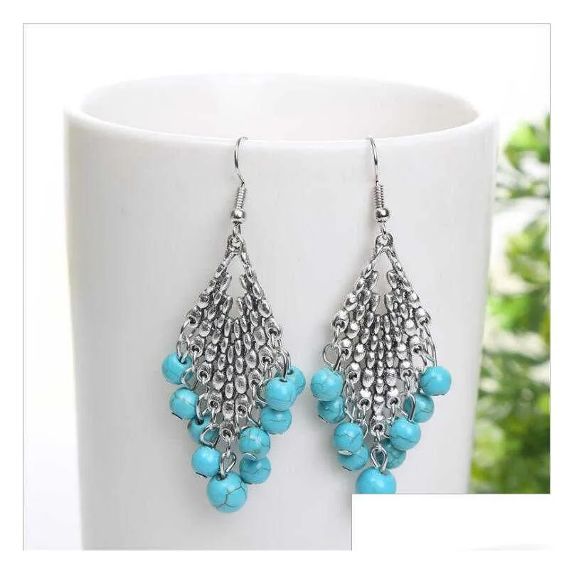 womens round beads tibetan silver turquoise dangle chandelier earrings gstqe011 fashion gift national style women diy earring