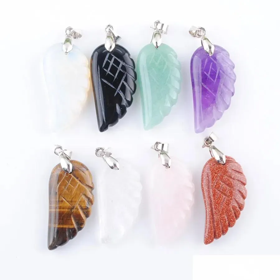 natural stone angel wings pendants beads for necklace earrings jewelry making aventurine flourite agates bn358