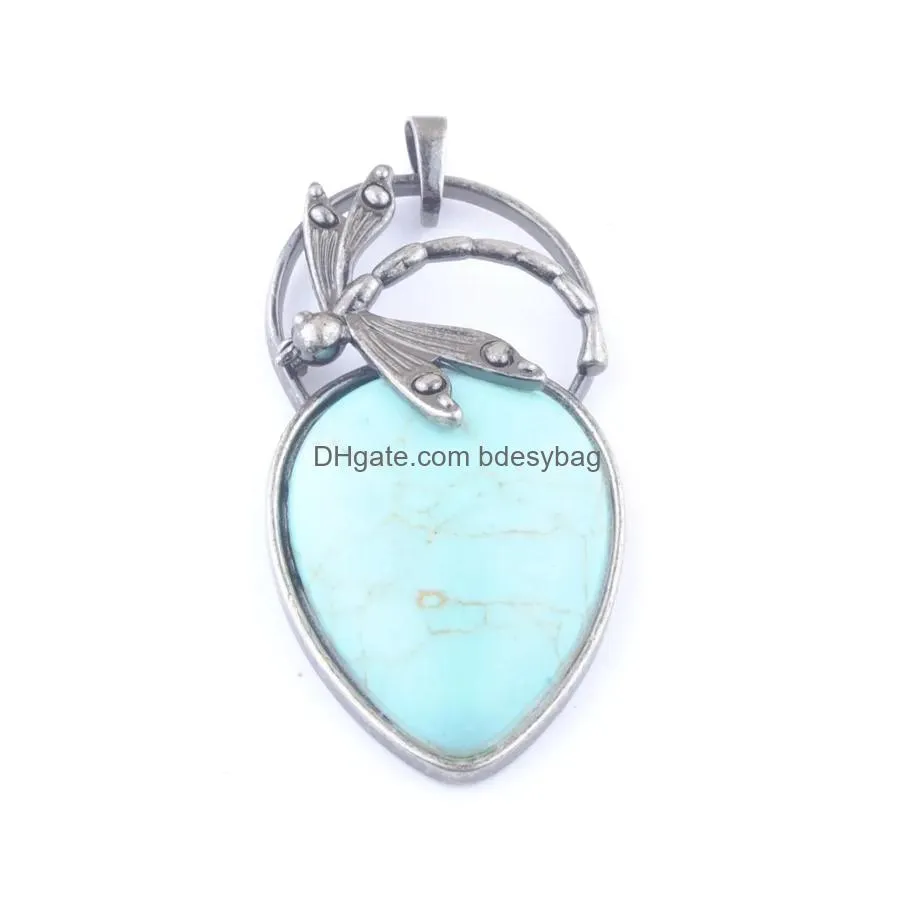 natural stone water drop pendant dragonfly turquoises lapis aventurine quartz bronze ancient silvers jewelry bn416