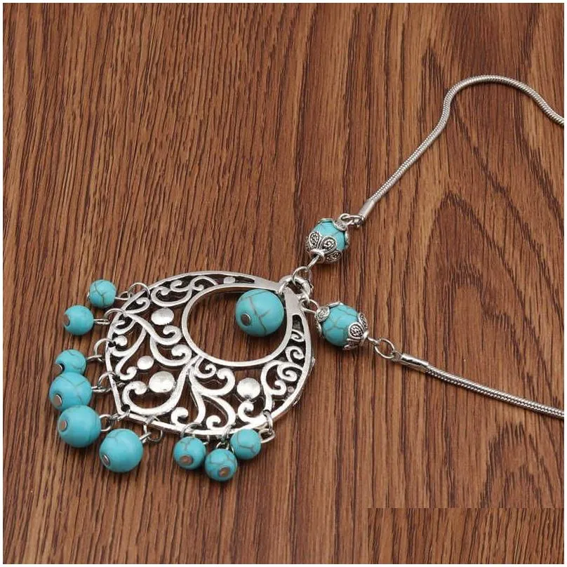 womens carved tassel hollow tibetan silver turquoise pendant necklaces gstqn014 fashion gift national style women diy necklace