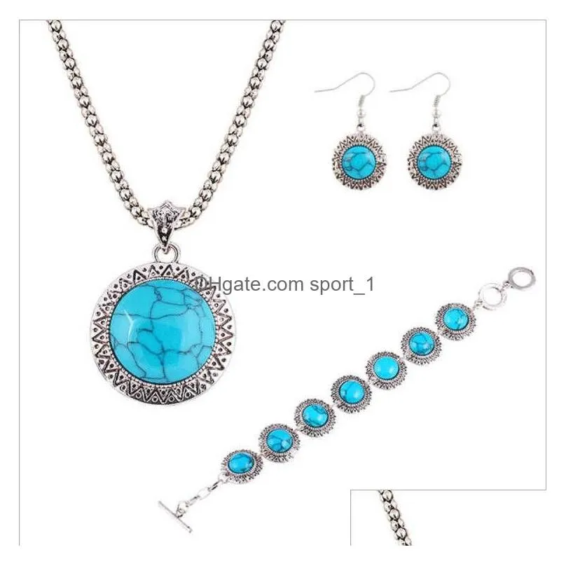 womens round beads tibetan silver turquoise bracelet earrings necklace set gstqs004 fashion gift national style women diy jewelry