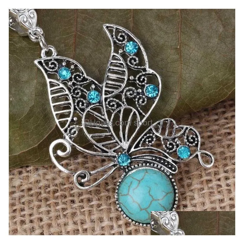 womens butterfly tibetan silver turquoise pendant necklaces gstqn064 fashion gift national style women mens diy necklace pendants