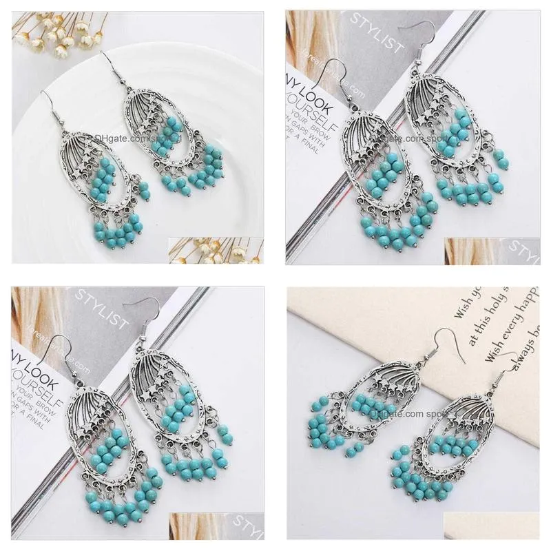 womens hollow tassels tibetan silver turquoise charm earrings gstqe035 fashion gift national style women diy earring