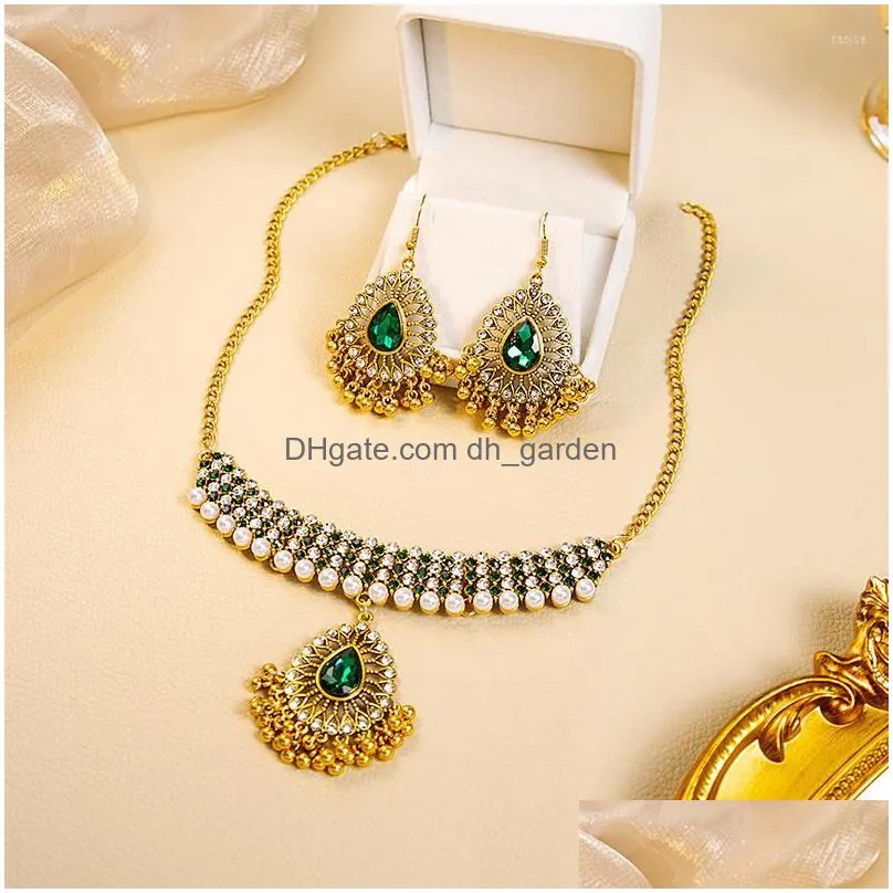 necklace earrings set boho retro golden for women luxury multicolor gemstone tiny zircon white beads pendant jewellery sets