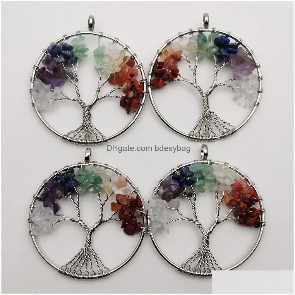 life tree 7 chakra natural crystal stone necklace pendant special root design rainbow color bh003