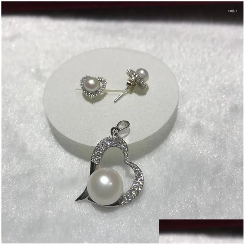 necklace earrings set natural freshwater pearl 1011 mm tibetan silver zircon inlay pendant