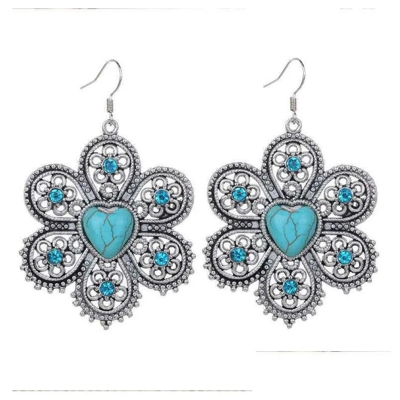 womens hollow sunflower tibetan silver turquoise charm earrings gstqe089 fashion gift national style women diy earring