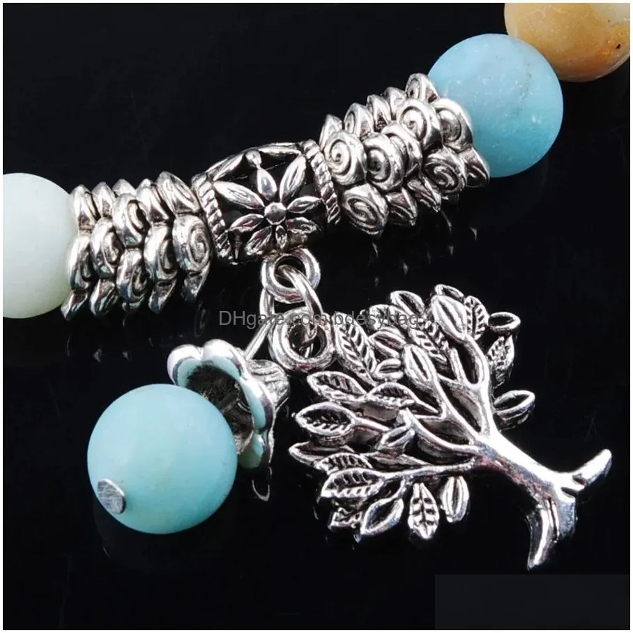 female lucky amazonite gem stone stretch bangle beads metal tree of life charms for women ladies bracelet jewelry gifts k3218