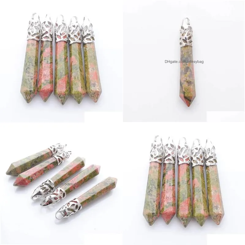 natural unakite jaspers gem stone long wand point pendulum pendant hexagon healing chakra reiki pendant n3001