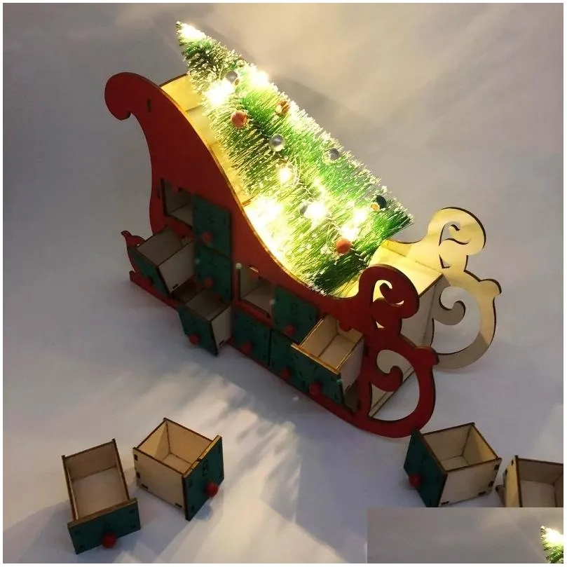 christmas sleigh tree wooden advent calendar countdown xmas party decor 24 drawers with led light ornament 201127