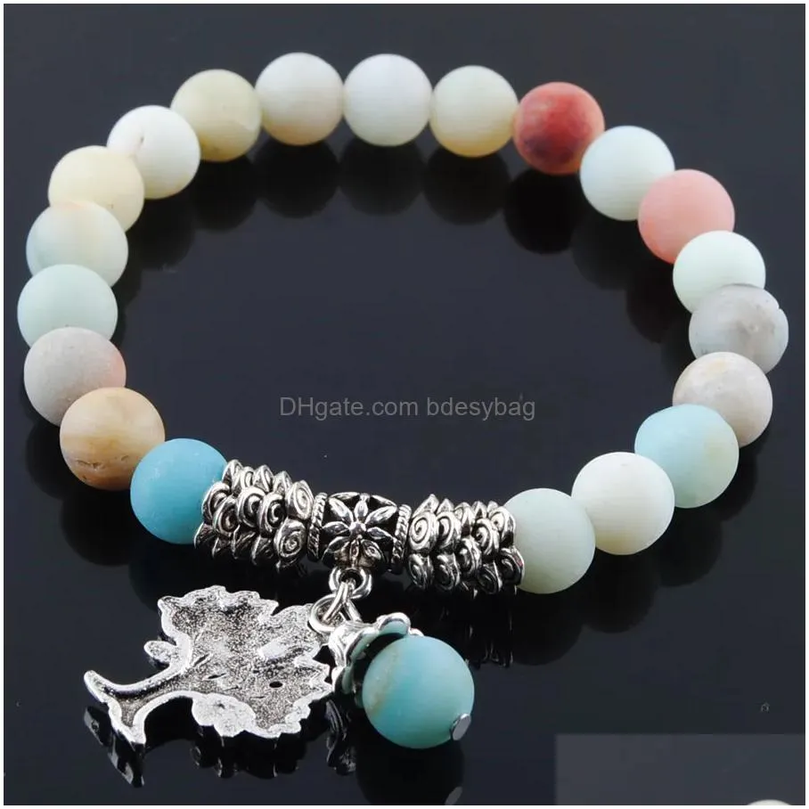 female lucky amazonite gem stone stretch bangle beads metal tree of life charms for women ladies bracelet jewelry gifts k3218